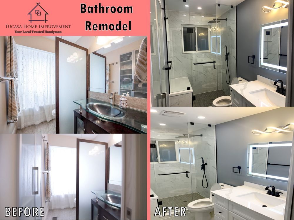 Four photos of a bathroom before and after a remodel, showing a new glass shower, vanity and lit mirror