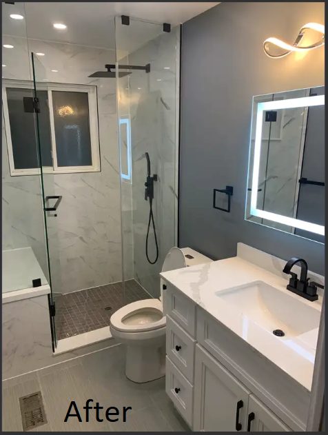 A finished bathroom with a glass shower, white vanity, toilet and a lit mirror