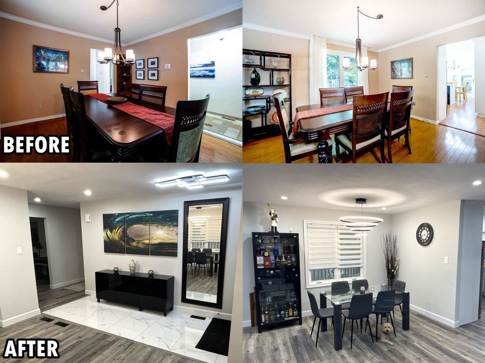 A dining room and hallway before and after, with new grey flooring and updated lighting