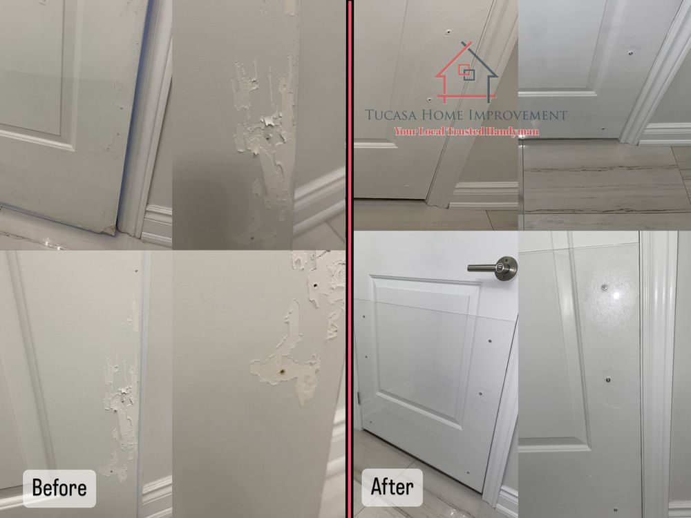 A damaged white door edge before and a repaired, repainted one after