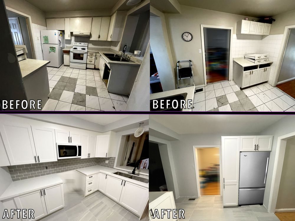 Four photos of a kitchen before and after a renovation, with new white cabinets and appliances