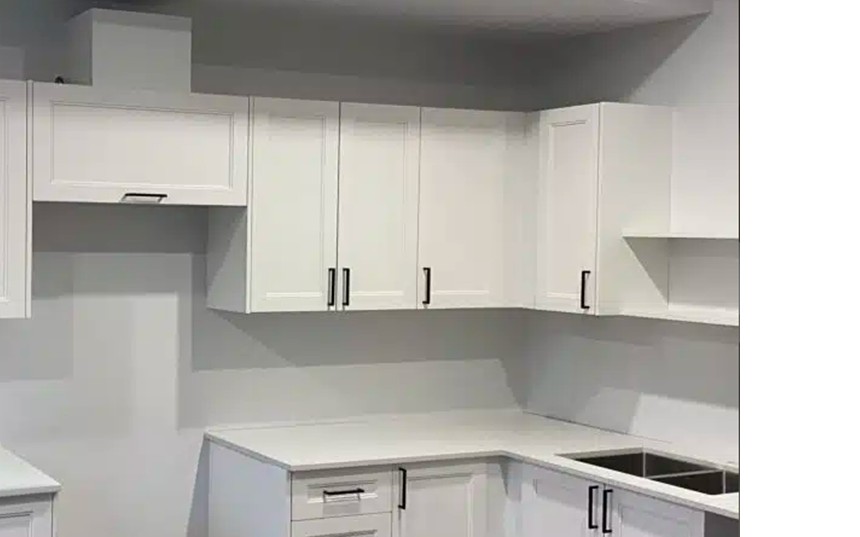 An L-shaped kitchen finished by Tucasa: white shaker cabinets, quartz counter and undermount sink