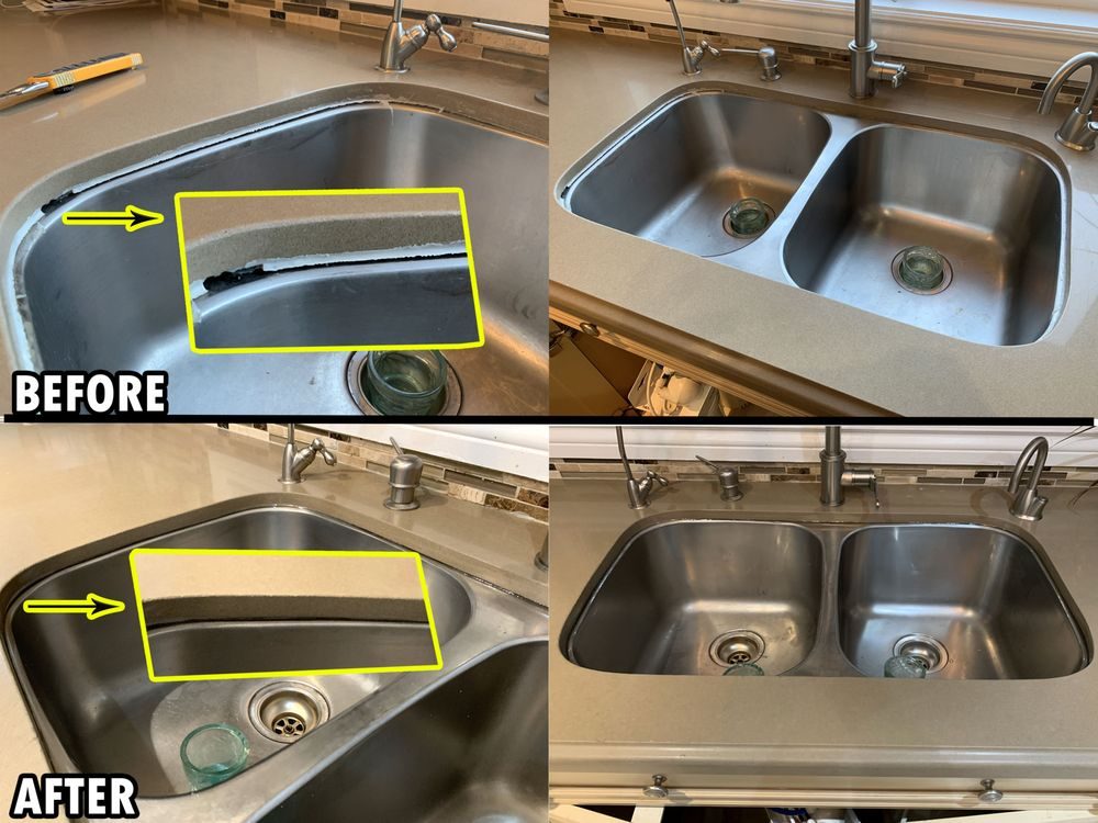 A damaged kitchen sink before and the repaired sink after, shown side by side