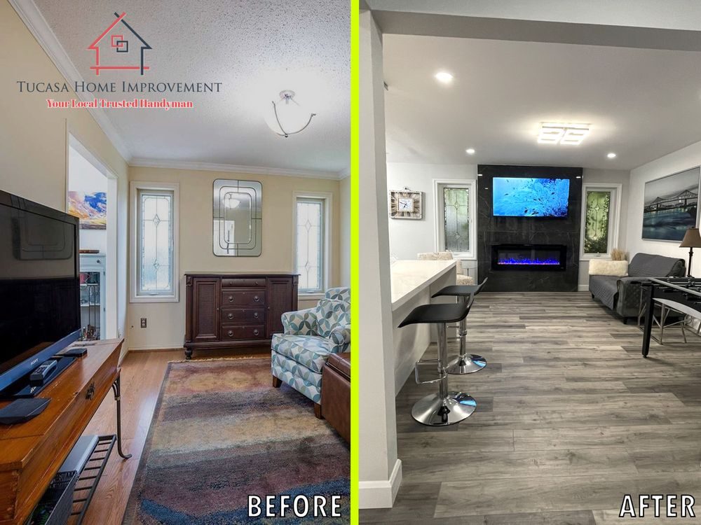 A living room before and after, with new floors, a wall-mounted TV and an electric fireplace