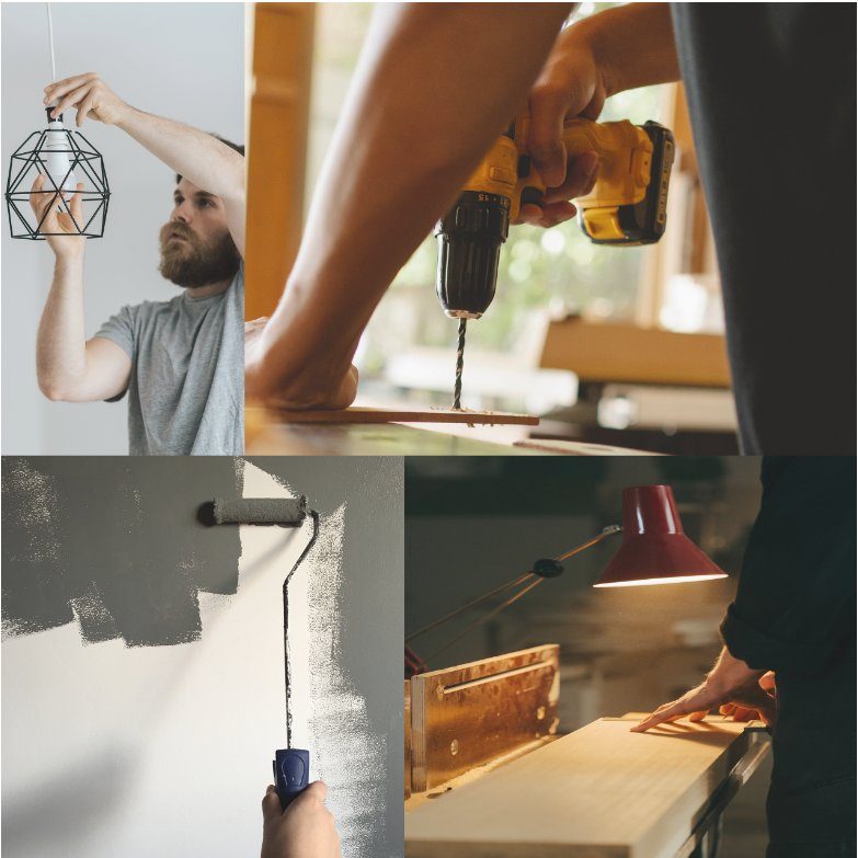 Collage of tradespeople lighting, drilling, painting and measuring at work