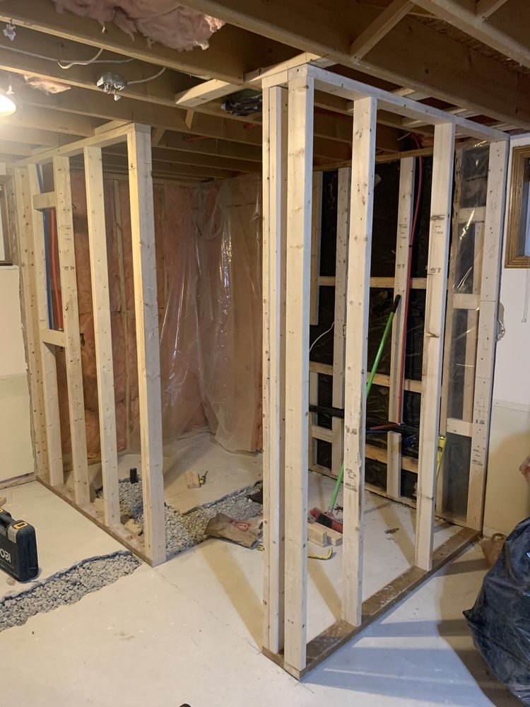 Timber stud framing for a basement washroom