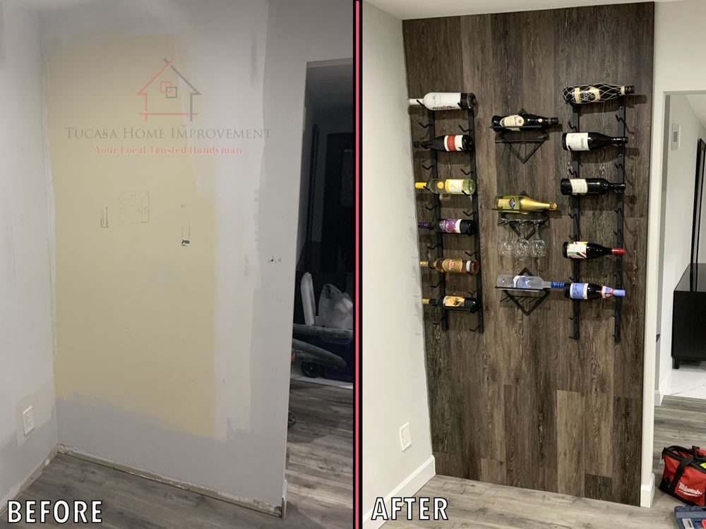 A plain wall before and a dark wood-look feature wall with a metal wine rack after