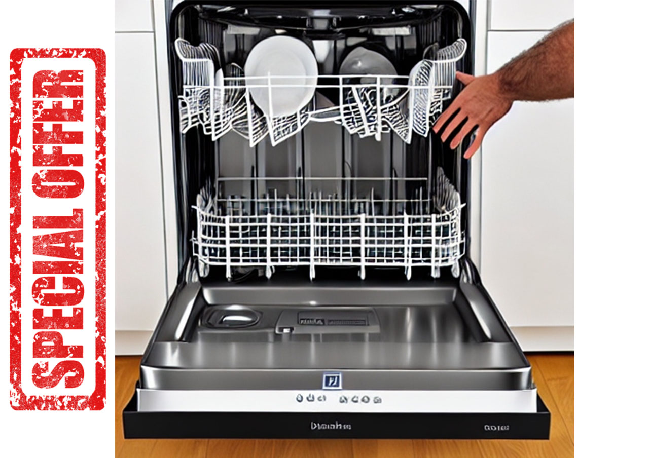 An open dishwasher being loaded, from the Tucasa dishwasher offer