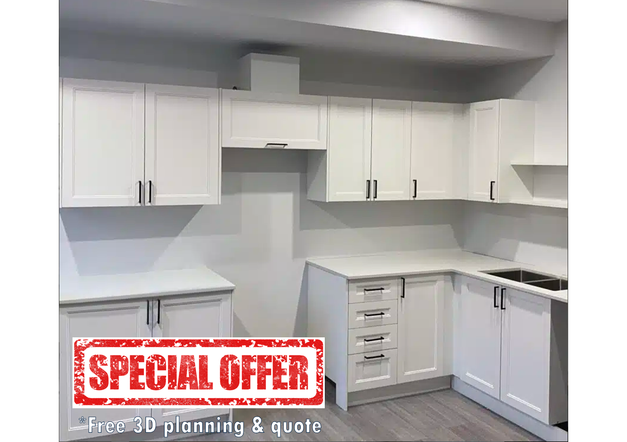 A white shaker L-shaped kitchen with quartz counter, from the Tucasa kitchen offer