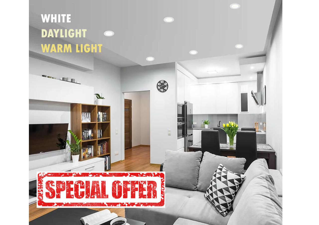 A living room lit by recessed LED pot lights, from the Tucasa pot light offer